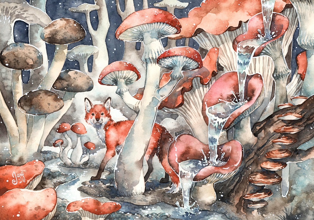 Original Painting - Fox in a Mushroom Forest